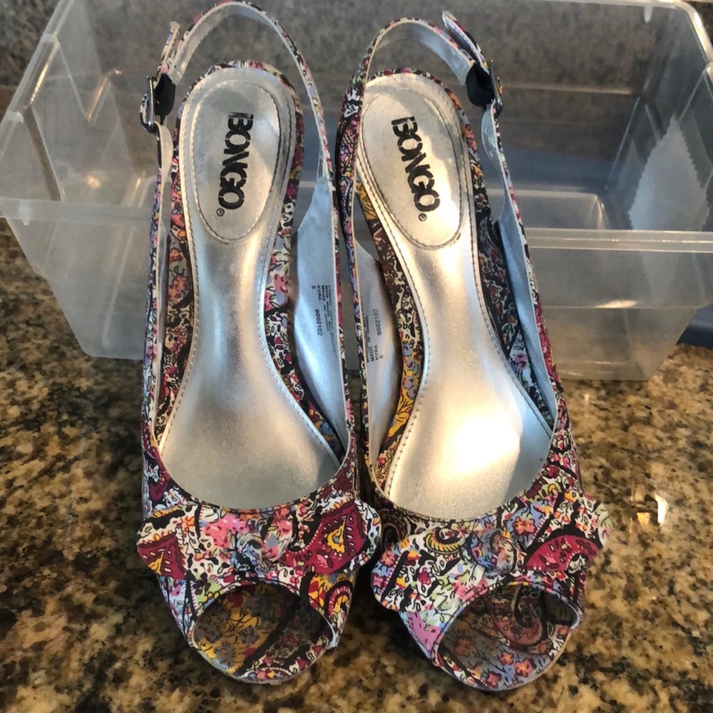 Bongo sling back faux cork heels.